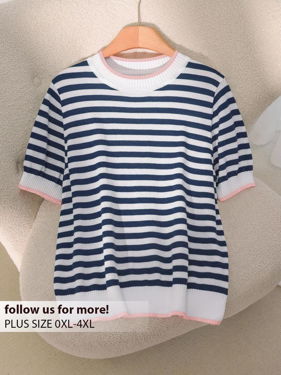 CosyJoli Plus Size Casual Round Neck Color Block Striped Short Sleeve Knit Top Spring To Summer