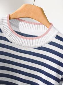 CosyJoli Plus Size Casual Round Neck Color Block Striped Short Sleeve Knit Top Spring To Summer - Multicolor - View 6