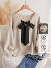 CosyJoli Plus Size Casual V-Neck Bowknot Backless Loose Pullover Sweater,Fall Clothes For Women Autumn Fall/Winter - Apricot - View 8