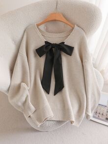 CosyJoli Plus Size Casual V-Neck Bowknot Backless Loose Pullover Sweater,Fall Clothes For Women Autumn Fall/Winter - Apricot - View 7