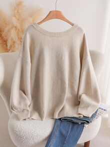 CosyJoli Plus Size Casual V-Neck Bowknot Backless Loose Pullover Sweater,Fall Clothes For Women Autumn Fall/Winter - Apricot - View 3