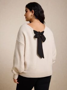 CosyJoli Plus Size Casual V-Neck Bowknot Backless Loose Pullover Sweater,Fall Clothes For Women Autumn Fall/Winter - Apricot - View 4