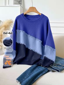 CosyJoli Plus Size Casual Raw Trim Color Block Crew Neck Pullover Sweater Autumn Winter - Blue - View 6
