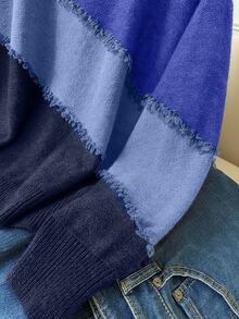 CosyJoli Plus Size Casual Raw Trim Color Block Crew Neck Pullover Sweater Autumn Winter - Blue - View 4