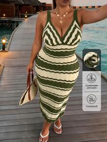 Firerie Plus Size Women Vacation Striped Contrast Color Sleeveless Knit Dress Fall - Green - View 6