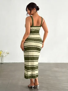 Firerie Plus Size Women Vacation Striped Contrast Color Sleeveless Knit Dress Fall - Green - View 11