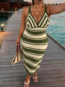 Firerie Plus Size Women Vacation Striped Contrast Color Sleeveless Knit Dress Fall - Green - View 12