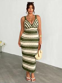 Firerie Plus Size Women Vacation Striped Contrast Color Sleeveless Knit Dress Fall - Green - View 7