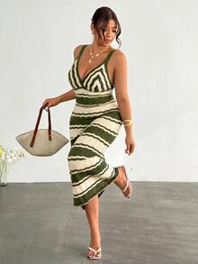 Firerie Plus Size Women Vacation Striped Contrast Color Sleeveless Knit Dress Fall - Green - View 5