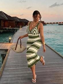 Firerie Plus Size Women Vacation Striped Contrast Color Sleeveless Knit Dress Fall - Green - View 3