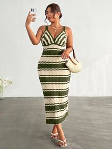 Firerie Plus Size Women Vacation Striped Contrast Color Sleeveless Knit Dress Fall - Green - View 4