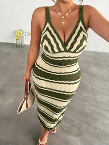 Firerie Plus Size Women Vacation Striped Contrast Color Sleeveless Knit Dress Fall - Green - View 2