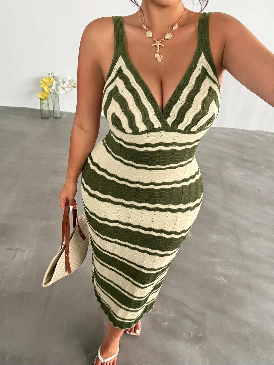Firerie Plus Size Women Vacation Striped Contrast Color Sleeveless Knit Dress Fall
