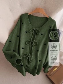 CosyJoli Plus Size Women Heart Knitted Cardigan, French Elegant Fashion Autumn/Winter Sweater Coat - Army Green - View 1