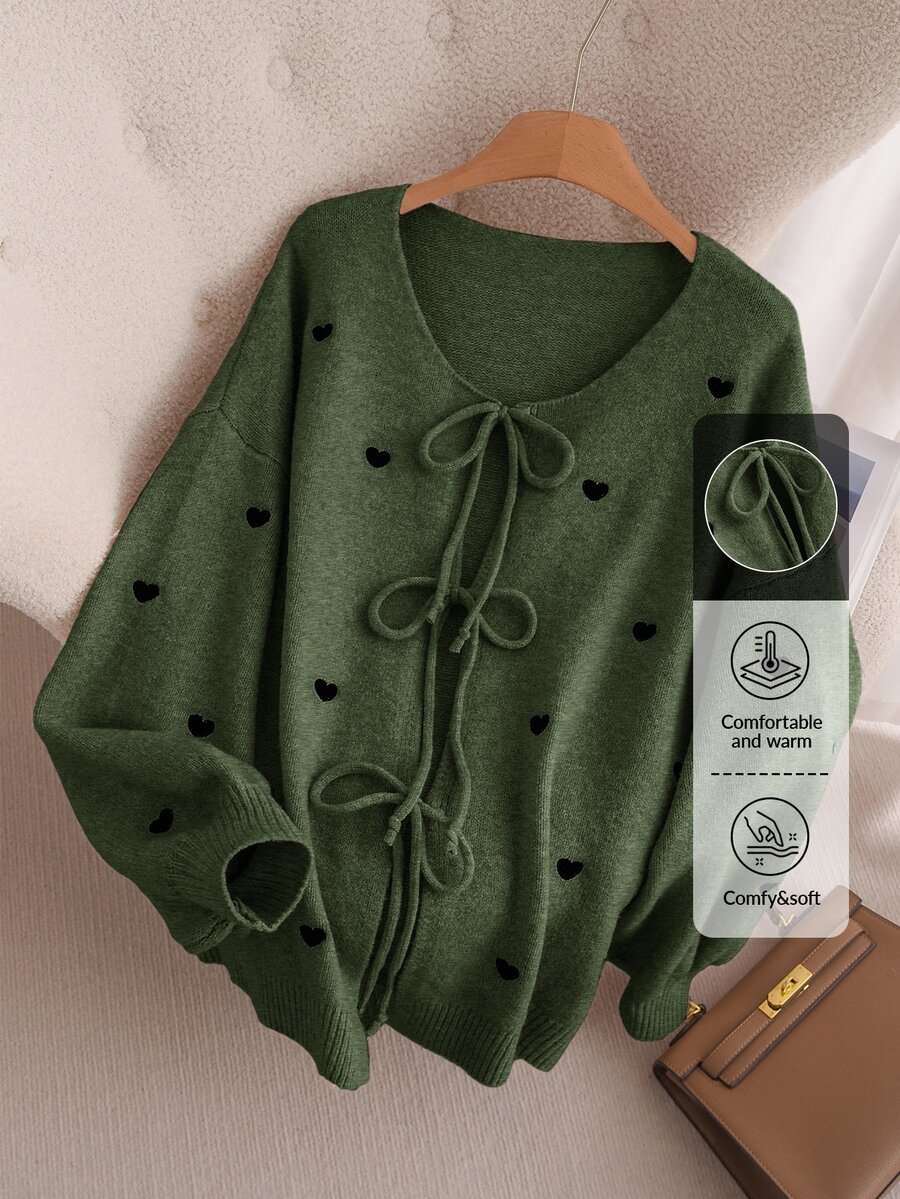 CosyJoli Plus Size Women Heart Knitted Cardigan, French Elegant Fashion Autumn/Winter Sweater Coat - Army Green - View 1