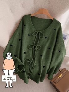 CosyJoli Plus Size Women Heart Knitted Cardigan, French Elegant Fashion Autumn/Winter Sweater Coat - Army Green - View 7