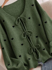 CosyJoli Plus Size Women Heart Knitted Cardigan, French Elegant Fashion Autumn/Winter Sweater Coat - Army Green - View 4