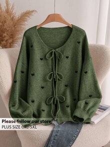 CosyJoli Plus Size Women Heart Knitted Cardigan, French Elegant Fashion Autumn/Winter Sweater Coat - Army Green - View 5