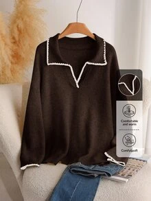 CosyJoli Plus Size Casual Brown Color Block Trim V-Neck Pullover Sweater/Winter - Brown - View 6