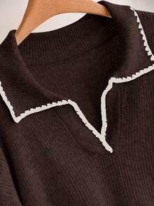 CosyJoli Plus Size Casual Brown Color Block Trim V-Neck Pullover Sweater/Winter - Brown - View 4