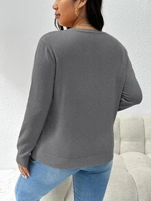 CosyJoli Plus Size Women's Solid Color V-Neck Front Button Casual Long Sleeve Basic Cardigan, For Winter Fall - Grey - View 12