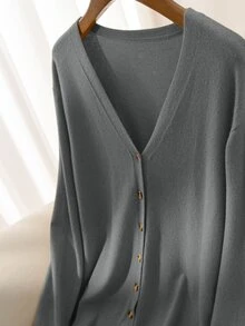 CosyJoli Plus Size Women's Solid Color V-Neck Front Button Casual Long Sleeve Basic Cardigan, For Winter Fall - Grey - View 3