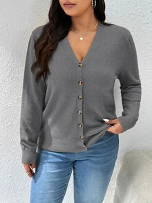 CosyJoli Plus Size Women's Solid Color V-Neck Front Button Casual Long Sleeve Basic Cardigan, For Winter Fall - Grey - View 13