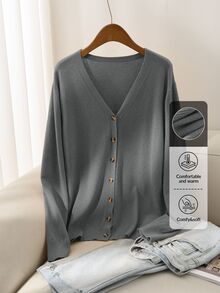 CosyJoli Plus Size Women's Solid Color V-Neck Front Button Casual Long Sleeve Basic Cardigan, For Winter Fall - Grey - View 9