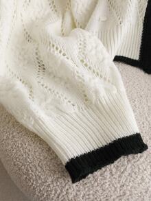 CosyJoli Plus Size Casual Textured Diamond Pattern Colorblock Bowknot Open Back Pullover Sweater Summer Cardigan For Women Knitted Cardigan Knitted Tops For Women Women Knitted Top Tie Front Cardigan Women Cardigan Knit Cardigan In Fall/Winter - White - View 6