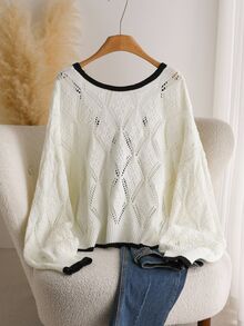 CosyJoli Plus Size Casual Textured Diamond Pattern Colorblock Bowknot Open Back Pullover Sweater Summer Cardigan For Women Knitted Cardigan Knitted Tops For Women Women Knitted Top Tie Front Cardigan Women Cardigan Knit Cardigan In Fall/Winter - White - View 3