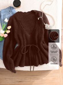 SHEIN Frenchy Plus Size Women Fall Wave V-Neck Off The Shoulder Pullover Sweater, For Winter - Brown - View 5