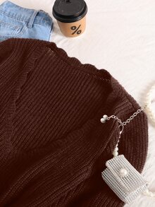SHEIN Frenchy Plus Size Women Fall Wave V-Neck Off The Shoulder Pullover Sweater, For Winter - Brown - View 3