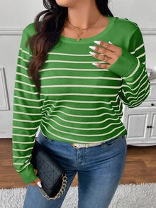 CosyJoli Suéter de cuello redondo a rayas y bloques de color casual para uso diario en talla grande para otoño/invierno - Verde - Ver 4