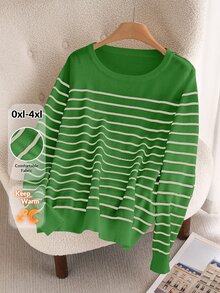CosyJoli Suéter de cuello redondo a rayas y bloques de color casual para uso diario en talla grande para otoño/invierno - Verde - Ver 2