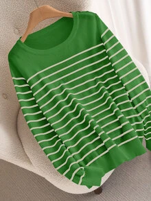 CosyJoli Suéter de cuello redondo a rayas y bloques de color casual para uso diario en talla grande para otoño/invierno - Verde - Ver 6