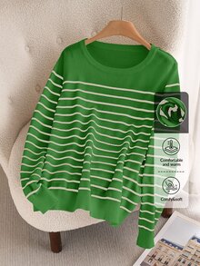 CosyJoli Suéter de cuello redondo a rayas y bloques de color casual para uso diario en talla grande para otoño/invierno - Verde - Ver 5