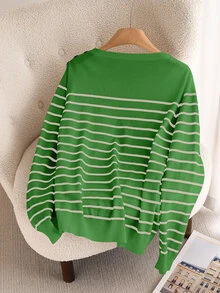 CosyJoli Suéter de cuello redondo a rayas y bloques de color casual para uso diario en talla grande para otoño/invierno - Verde - Ver 3