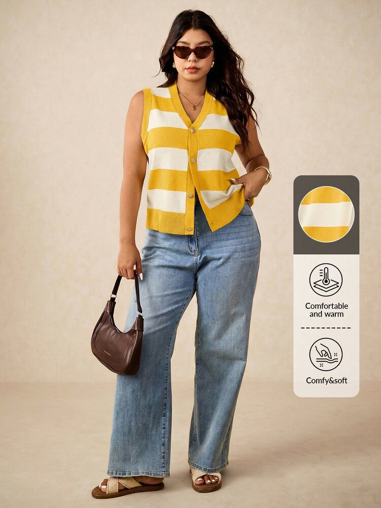 Elaquor Plus Size Sleeveless Knitted Sweater Vest Autumn Business Casual Elegante 1960s 90s Elegant Woman School College Formal Office Party Yellow - Yellow - View 4