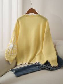 CosyJoli Plus Size Elegant Casual Women Cardigans 3D Floral Contrast Color Cardigan Sweater, For Spring Winter - Yellow - View 3