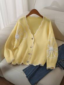 CosyJoli Plus Size Elegant Casual Women Cardigans 3D Floral Contrast Color Cardigan Sweater, For Spring Winter - Yellow - View 4