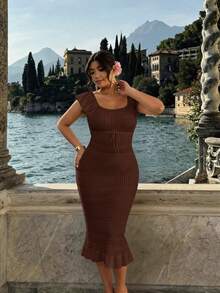 Firerie Plus Size Summer Vacation Solid Color Ruffle Hem Sweater Dress Autumn Formal Wedding Guest Party Brown Casual Elegant - Coffee Brown - View 10