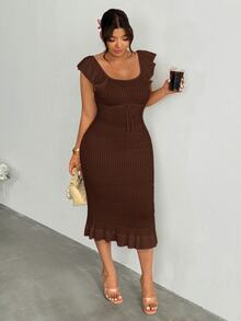 Firerie Plus Size Summer Vacation Solid Color Ruffle Hem Sweater Dress Autumn Formal Wedding Guest Party Brown Casual Elegant - Coffee Brown - View 8