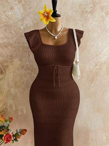 Firerie Plus Size Summer Vacation Solid Color Ruffle Hem Sweater Dress Autumn Formal Wedding Guest Party Brown Casual Elegant - Coffee Brown - View 7