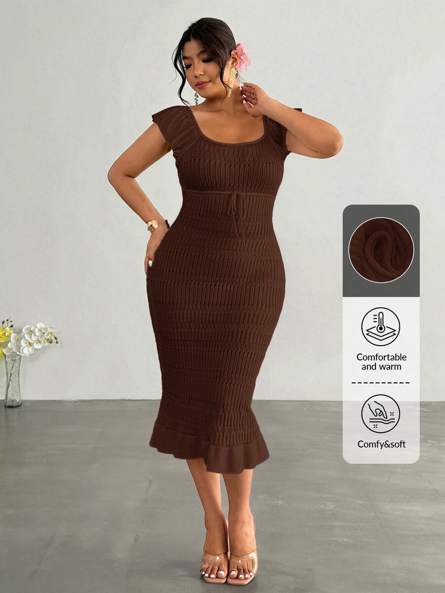 Firerie Plus Size Summer Vacation Solid Color Ruffle Hem Sweater Dress Autumn Formal Wedding Guest Party Brown Casual Elegant