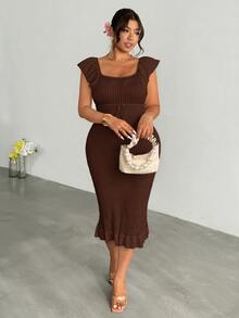 Firerie Plus Size Summer Vacation Solid Color Ruffle Hem Sweater Dress Autumn Formal Wedding Guest Party Brown Casual Elegant - Coffee Brown - View 9