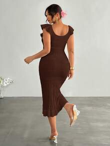 Firerie Plus Size Summer Vacation Solid Color Ruffle Hem Sweater Dress Autumn Formal Wedding Guest Party Brown Casual Elegant - Coffee Brown - View 3