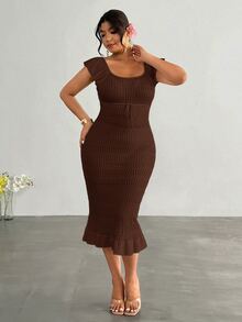 Firerie Plus Size Summer Vacation Solid Color Ruffle Hem Sweater Dress Autumn Formal Wedding Guest Party Brown Casual Elegant - Coffee Brown - View 11