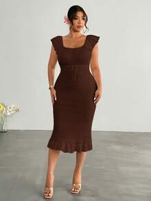 Firerie Plus Size Summer Vacation Solid Color Ruffle Hem Sweater Dress Autumn Formal Wedding Guest Party Brown Casual Elegant - Coffee Brown - View 4
