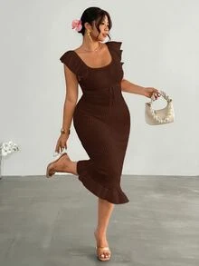 Firerie Plus Size Summer Vacation Solid Color Ruffle Hem Sweater Dress Autumn Formal Wedding Guest Party Brown Casual Elegant - Coffee Brown - View 6