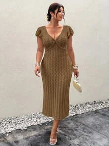 Firerie 大尺碼女款優雅柔軟浪漫度假風長袖飄逸袖棕色針織毛衣洋裝，適合秋季旅行與晚餐 - 卡其色 - 查看 9